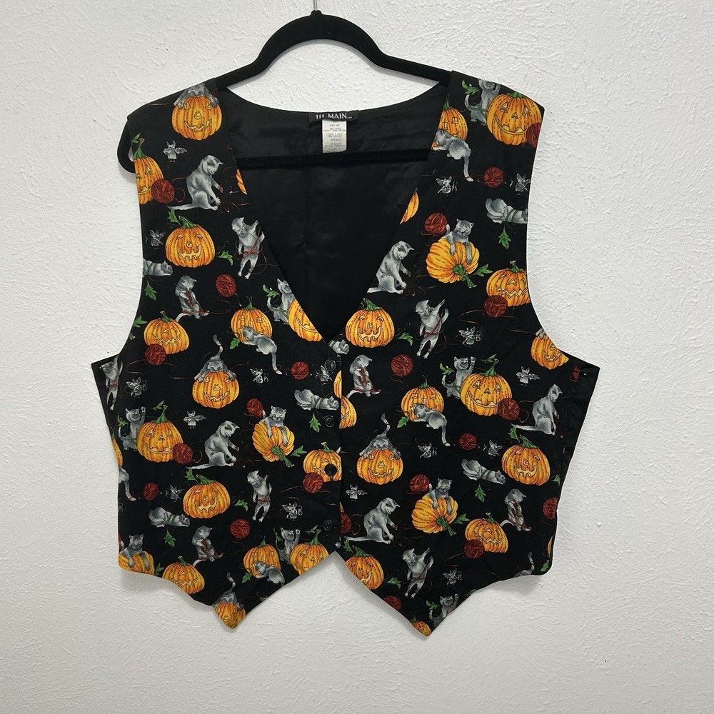 Vintage 80s Vest 111 Main Halloween Fall Pumpkin Cat Bats Grandmacore Corpcore